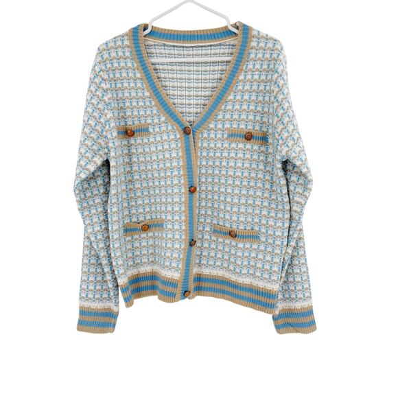 2/$30 SHEIN Cardigan Size XL Blue Cream Plaid Button Up Soft Thick - Picture 4 of 6